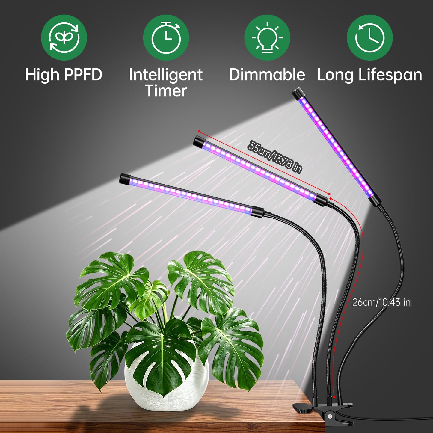 Nanolux 3-head full-spectrum clip-on grow light with high PPFD and timer
