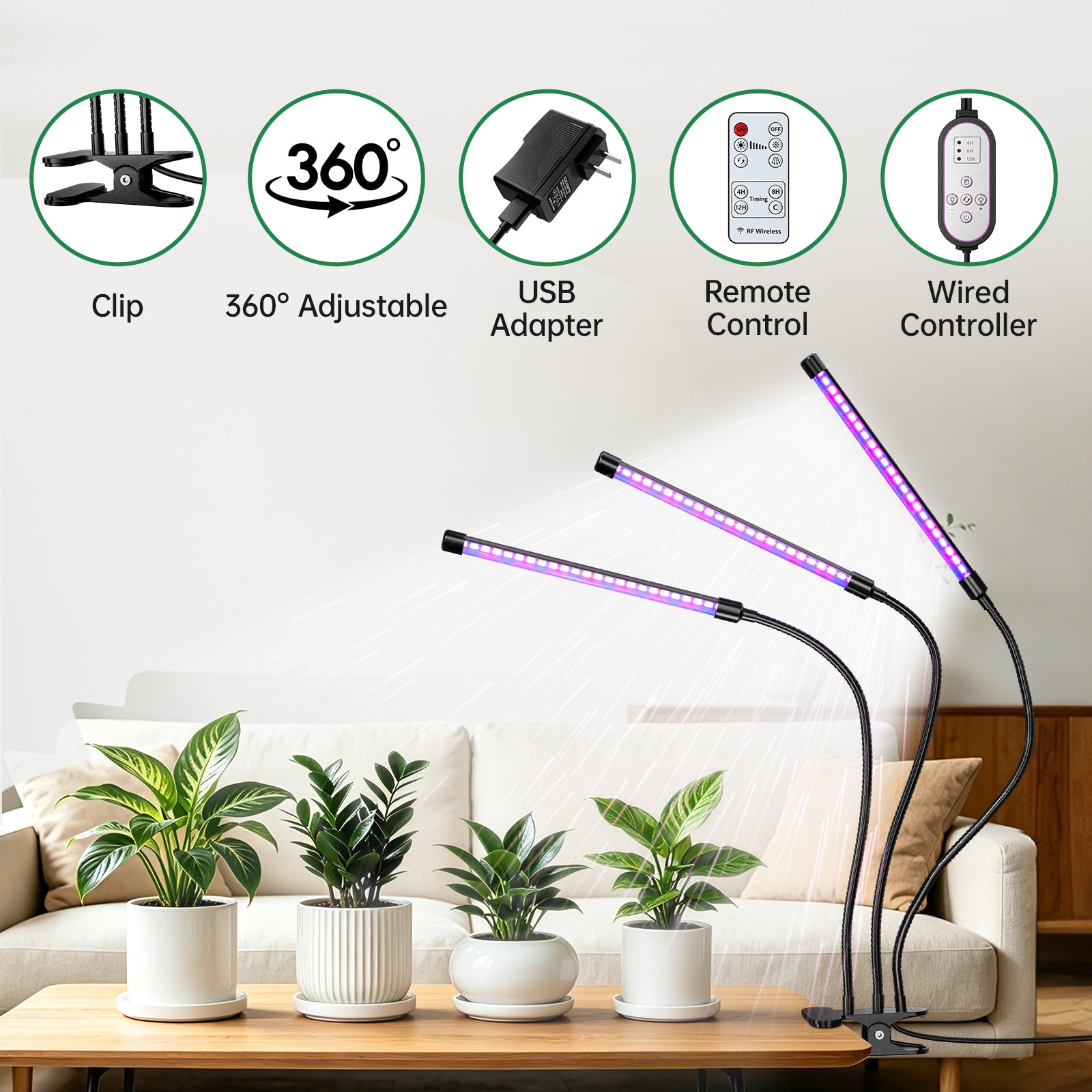 Nanolux 3-head clip-on grow light with adjustable arms and remote control