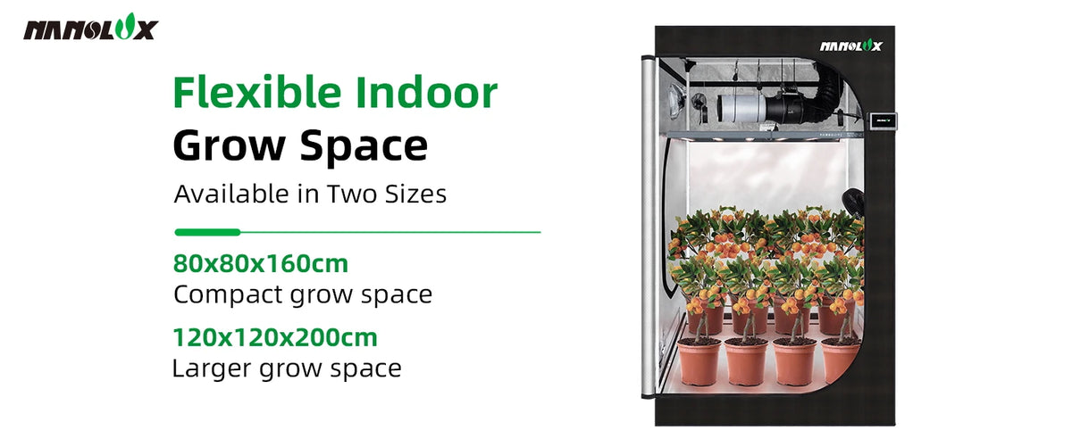 Nanolux smart grow tent kit detail image showing 80 x 80 x 160 cm and 120 x 120 x 200 cm grow space options