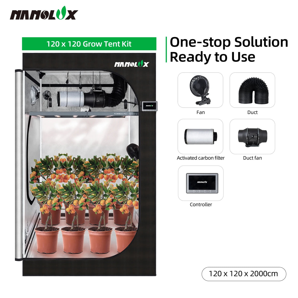 Nanolux 120 x 120 x 200 cm smart grow tent kit with ventilation, carbon filter, ducting, clip fan and controller