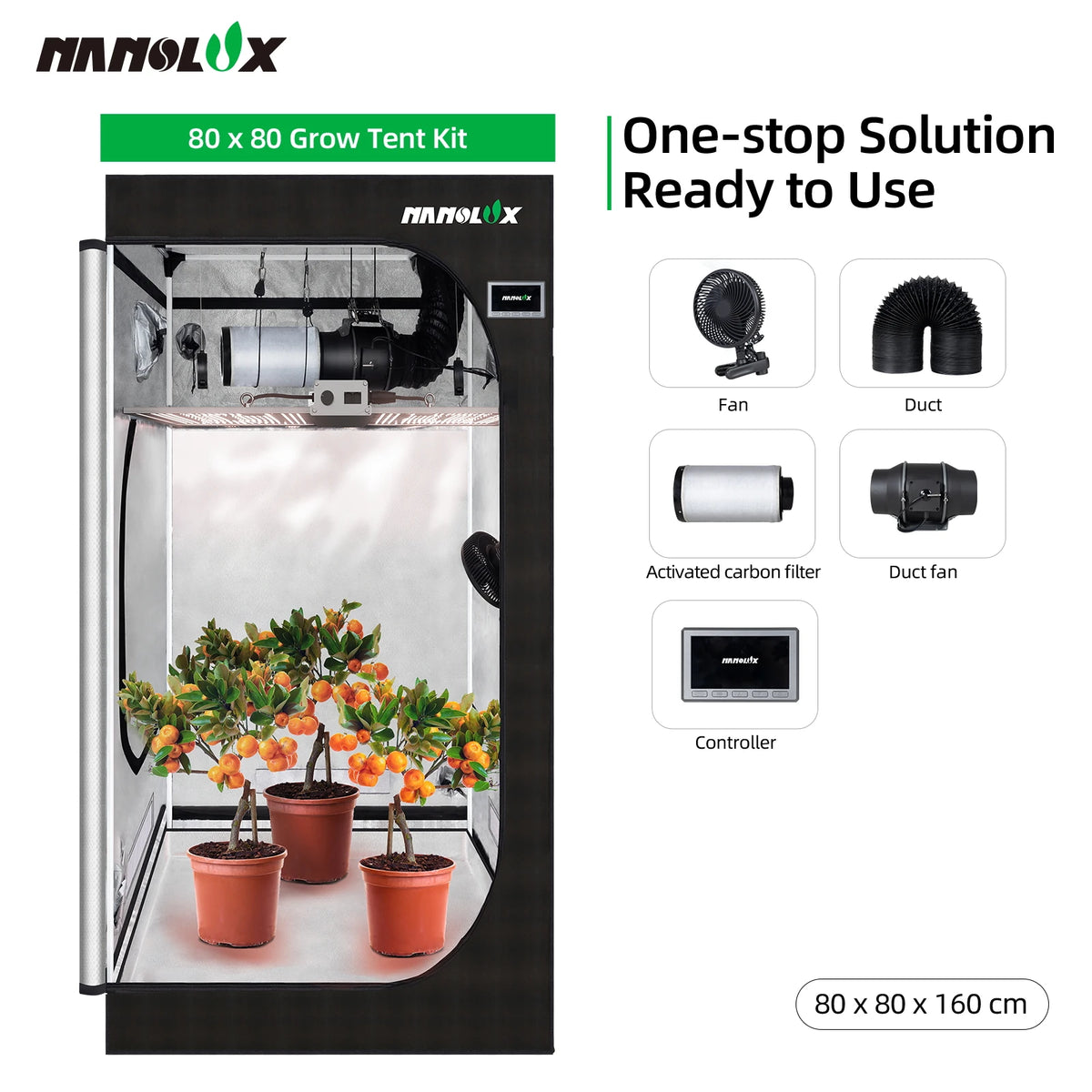 Nanolux 80 x 80 x 160 cm smart grow tent kit with ventilation, carbon filter, ducting, clip fan and controller