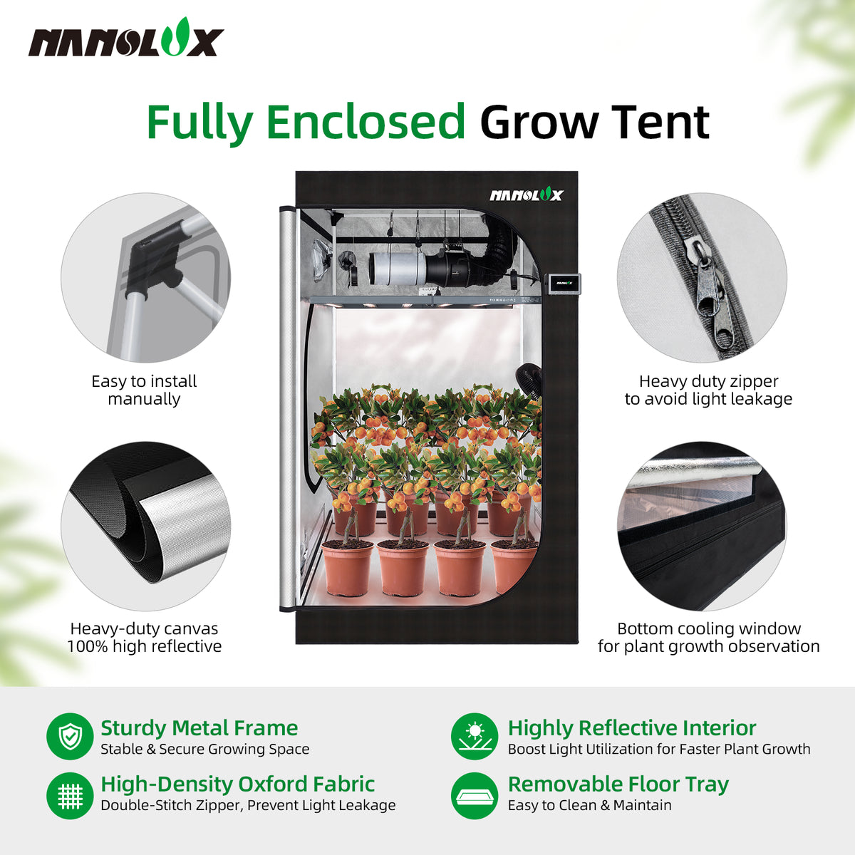 Nanolux smart grow tent structure with reflective interior, metal frame, zipper, floor tray and observation window