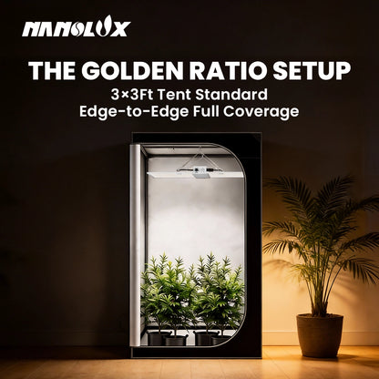 Nanolux RG300 LED grow light in a 3 by 3 foot grow tent