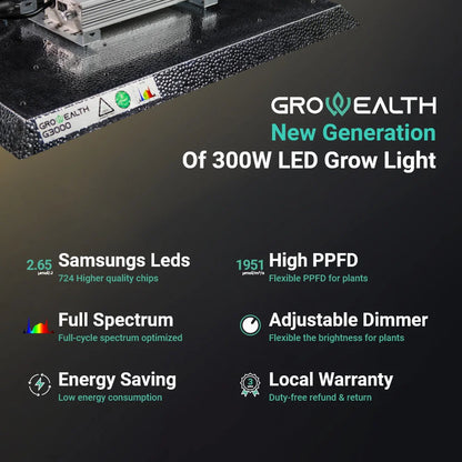Growealth G3000 300W Full Spectrum LED Grow Light for Grow Tents