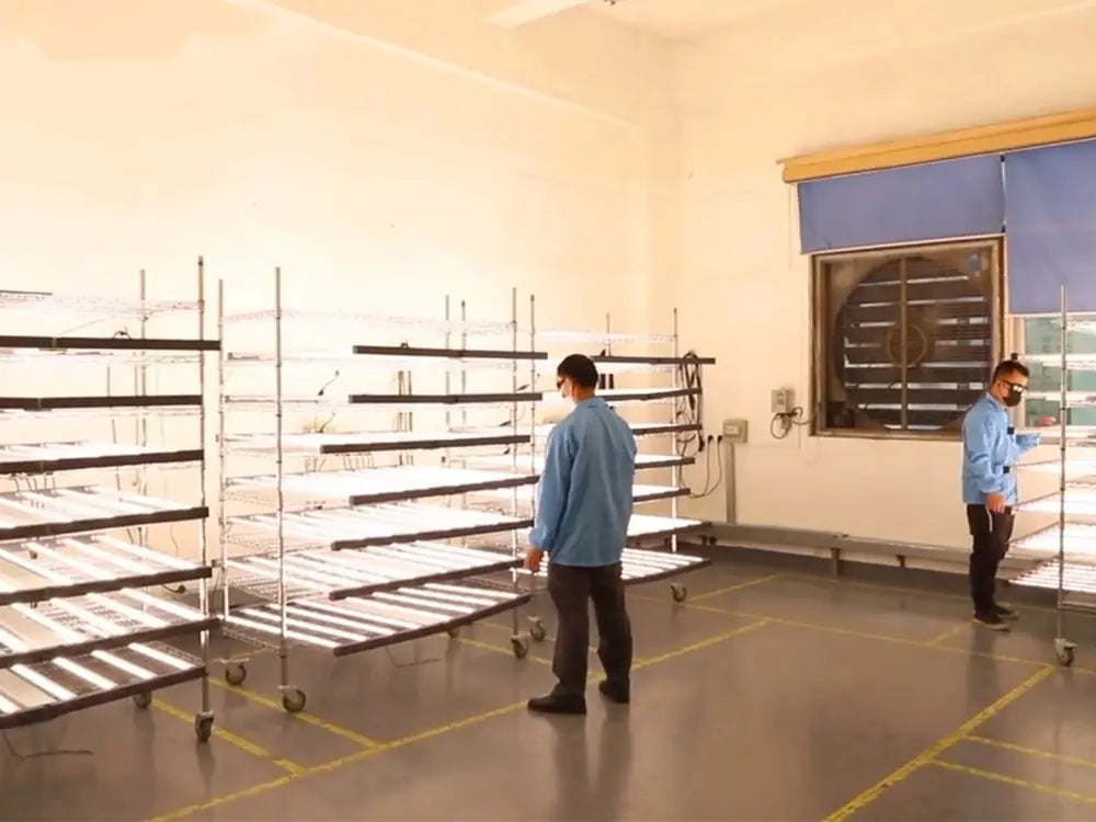 Room-level grow light testing environment with cultivation racks